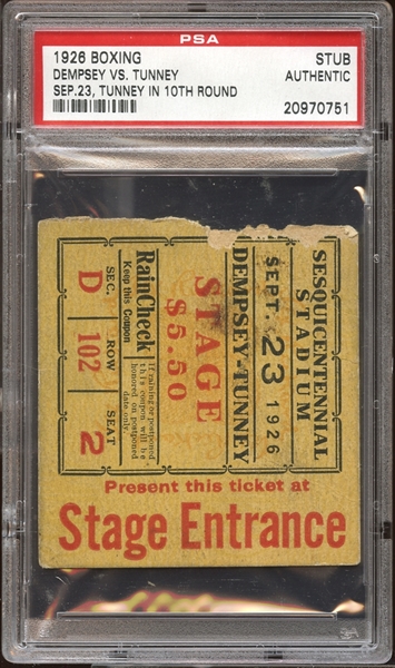 1926 Gene Tunney vs Jack Dempsey Ticket Stub PSA AUTHENTIC