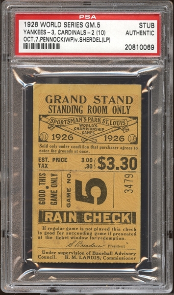 1926 World Series Game 5 Ticket Stub PSA AUTHENTIC