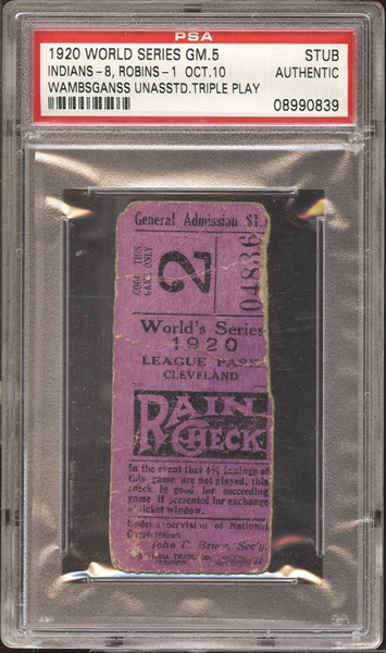 1920 World Series Game 5 Ticket Stub Wambsganss Unasissted Triple Play PSA AUTHENTIC