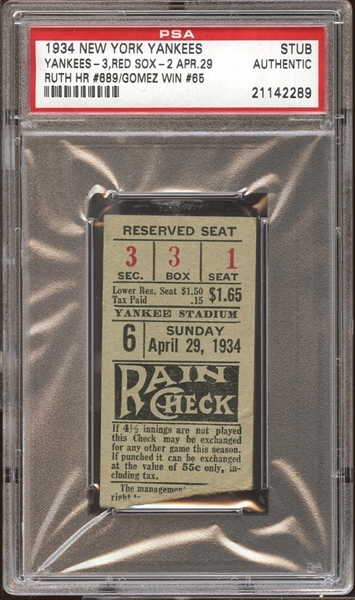 1934 New York Yankees Ticket Stub Babe Ruth Home Run #689 PSA AUTHENTIC