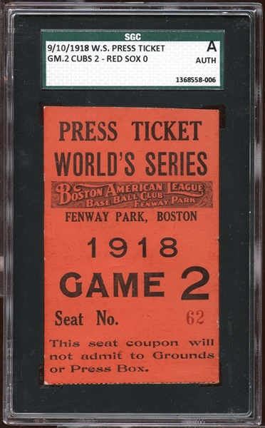 1918 World Series Game 2 Press Ticket SGC AUTHENTIC 