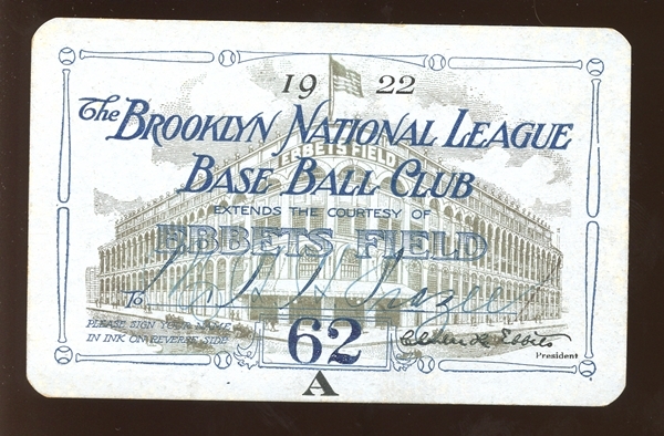 1922 Brooklyn Robins Ebbets Field Season Pass Belonging to Harry Frazee