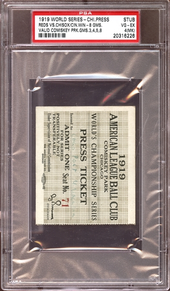 1919 World Series Chicago Comiskey Park Press Pass Stub PSA 4 VG/EX (MK)
