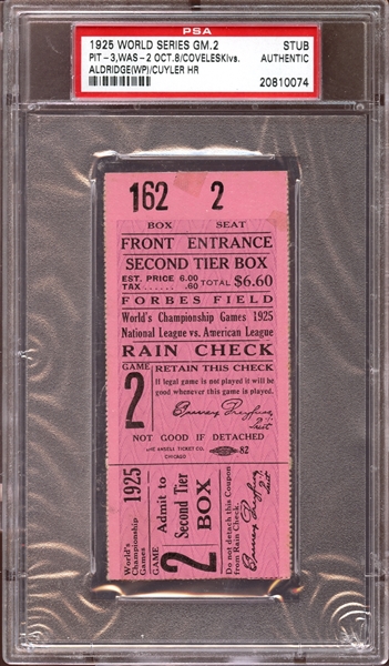 1925 World Series Game 2 Ticket Stub PSA AUTHENTIC