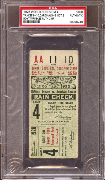 1926 World Series Game 4 Ticket Stub Babe Ruth 3 Home Runs PSA AUTHENTIC