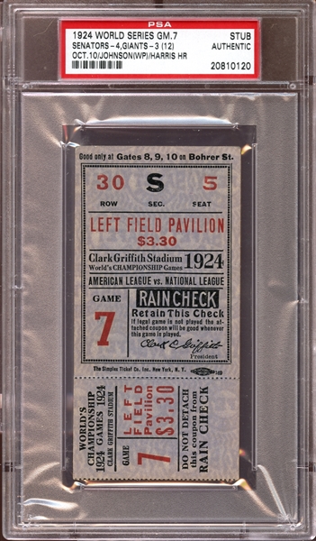 1924 World Series Game 7 Ticket Stub PSA AUTHENTIC