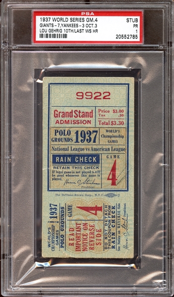 1937 World Series Game 4 Ticket Stub Lou Gehrig 10th and Final World Series Home Run PSA 1 PR