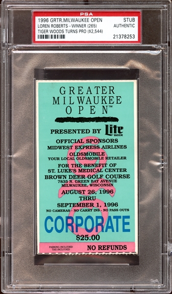 1996 Greater Milwaukee Open Ticket Stub Tiger Woods Turns Pro - Tiger Woods Hole In One PSA AUTHENTIC