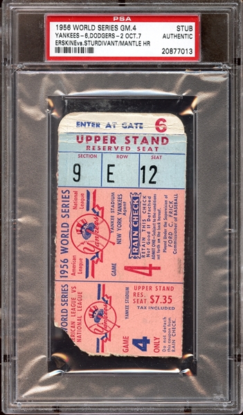 1956 World Series Game 4 Ticket Stub Mickey Mantle Home Run PSA AUTHENTIC