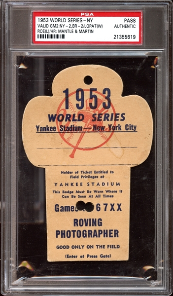 1953 World Series Yankee Stadium Press Pass PSA AUTHENTIC