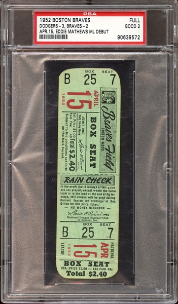 1952 Boston Braves Ticket Stub Eddie Mathews 1st Game PSA 2 GOOD