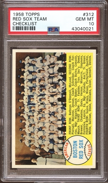 1958 Topps #312 Red Sox Team Checklist PSA 10 GEM MINT