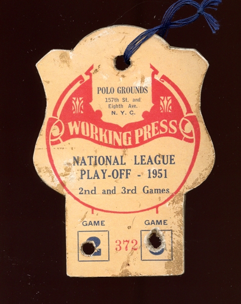 1951 National League Playoff Press Pass Games 2 and 3 Cancelled "The Shot Heard Round the World" 
