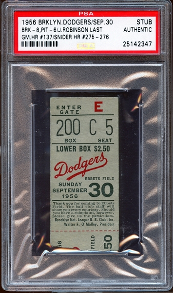 1956 Brooklyn Dodgers Ticket Stub Jackie Robinson Last Game PSA AUTHENTIC