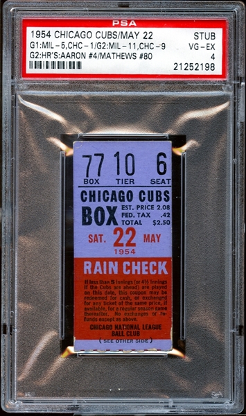 1954 Chicago Cubs Ticket Stub Hank Aaron and Ed Mathews Home Runs PSA AUTHENTIC
