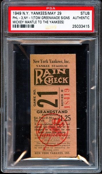 1949 New York Yankees Ticket Stub Tom Greenwade Signs Mickey Mantle to the Yankees PSA AUTHENTIC