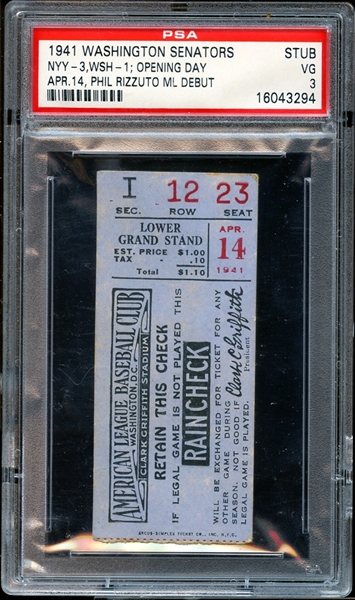 1941 Washington Senators Ticket Stub Phil Rizzuto MLB Debut PSA 3 VG