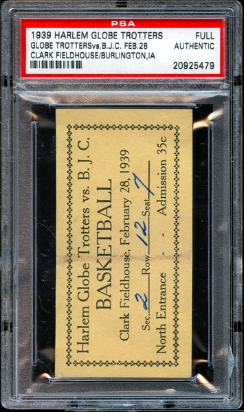 1939 Harlem Globetrotters Full Ticket PSA AUTHENTIC