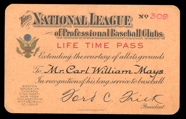 National League of Professional Baseball Clubs Lifetime Pass Belonging to Carl Mays