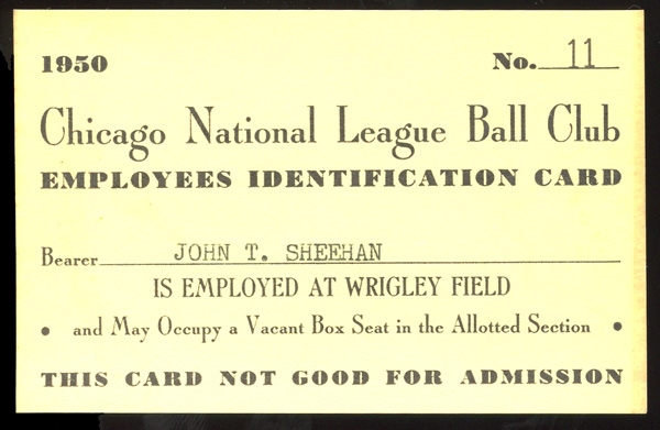 1950 Chicago Cubs Wrigley Field Employee Identification Card