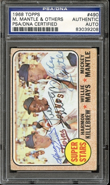 1968 Topps #490 Mickey Mantle / Willie Mays / Harmon Killebrew Autographed PSA/DNA AUTHENTIC