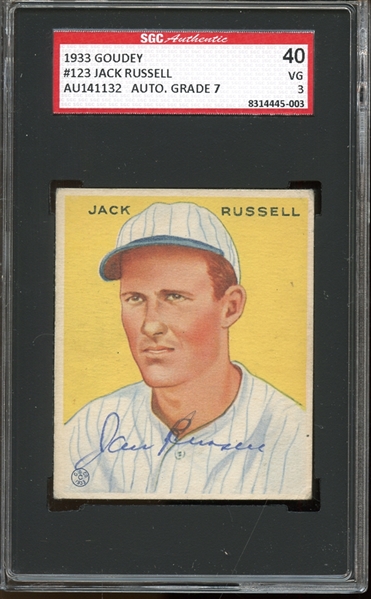 1933 Goudey #123 Jack Russell Autographed AUTHENTIC SGC 40 VG 3