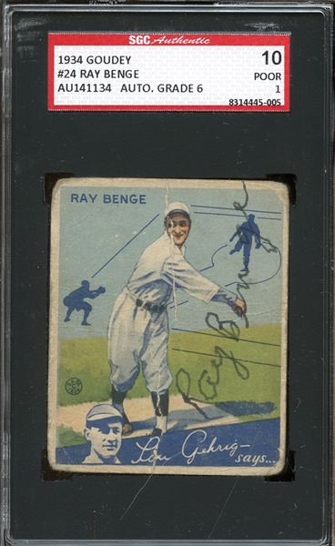 1934 Goudey #24 Ray Benge SGC AUTHENTIC 10 POOR 1