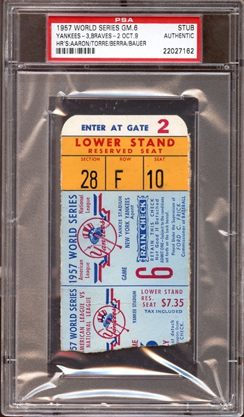 1957 World Series Game 6 Ticket Stub Aaron/Berra Home Runs PSA AUTHENTIC
