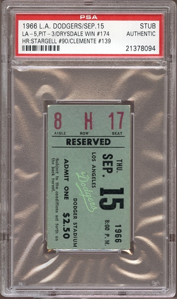 1966 Los Angeles Dodgers Ticket Stub Home Runs Stargell/Clemente PSA AUTHENTIC