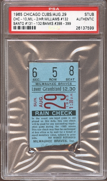 1965 Chicago Cubs Ticket Stub Ernie Banks Home Runs #398 & 399 PSA AUTHENTIC