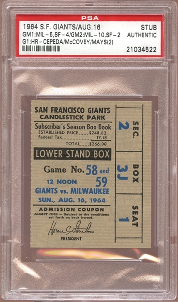 1964 San Francisco Giants Ticket Stub Cepeda/McCovey/Mays (2) Home Runs PSA AUTHENTIC