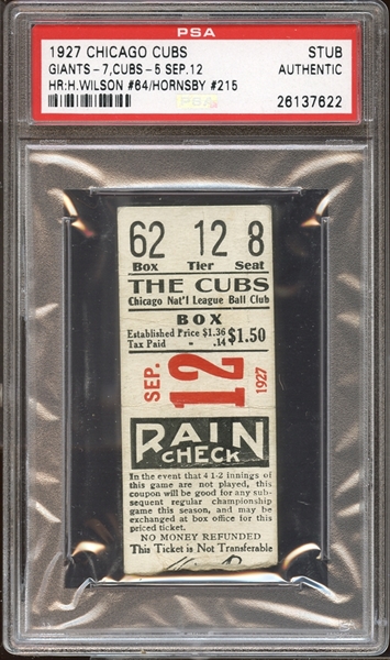 1927 Chicago Cubs Ticket Stub Hack Wilson (64) and Rogers Hornsby (215) Home Runs PSA AUTHENTIC