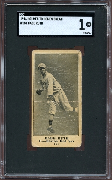 Exceedingly Rare 1916 Holmes to Homes #151 Babe Ruth SGC 1 PR Fresh To The Hobby, The Only Known Example