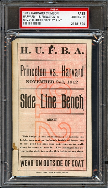 1912 Nov 2 Harvard Football vs Princeton Pass PSA Authentic