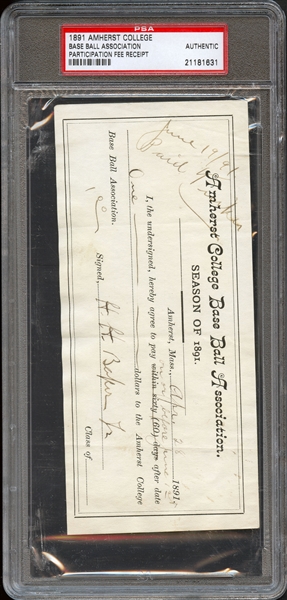 1891 Amherst Baseball Participation Fee Receipt PSA Authentic