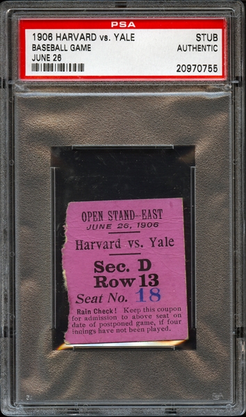 1906 Harvard vs Yale Baseball Ticket Stub PSA Authentic
