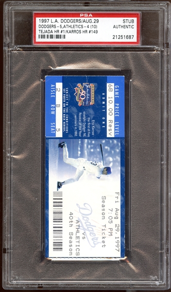 1997 Los Angeles Dodgers Ticket Stub-Miguel Tejada First Home Run PSA AUTHENTIC