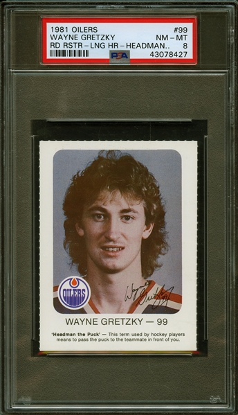 1981 Oilers Red Rooster #99 Wayne Gretzky Long Hair "Headman the Puck" PSA 8 NM-MT