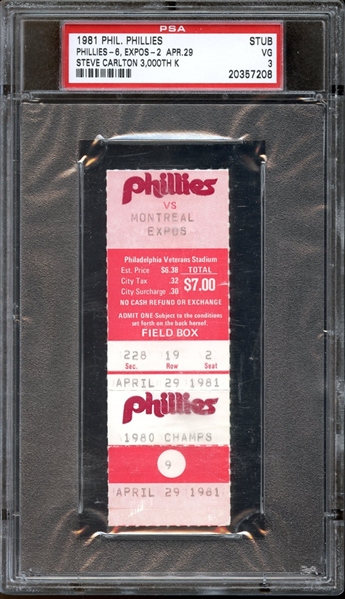 1981 Philadelphia Phillies Ticket Stub Steve Carlton 3000th Strikeout PSA 3 VG