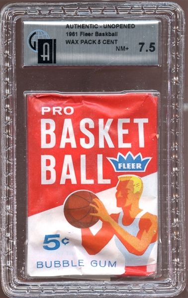 1961 Fleer Basketball Unopened Wax Pack with Oscar Robertson RC on Back GAI 7.5 NM+