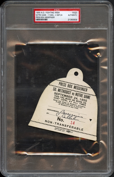 1955 Notre Dame vs SMU Press Box Messenger Pass PSA Authentic