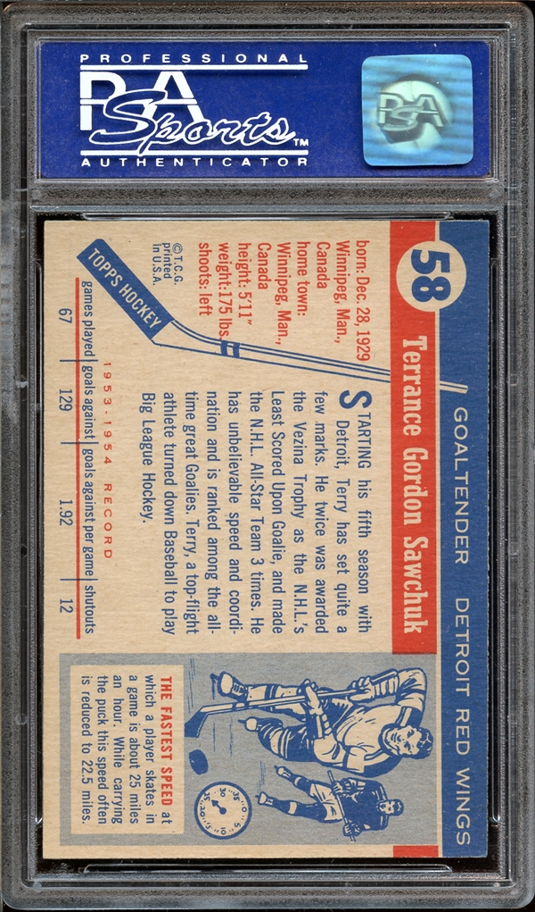 58 Terry Sawchuk - 1954 Topps Hockey Cards (Star) Graded PSA 2
