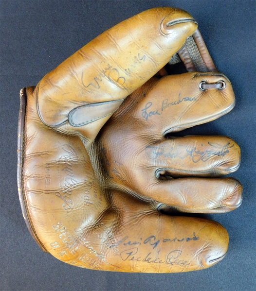 Hall of Fame Shortstops Multi-Signed Vintage Baseball Glove with (5) Signatues Including Banks, Boudreau, Rizzuto, Aparicio and Reese JSA