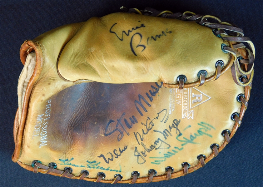Hall of Fame First Basemen Multi-Signed Vintage Baseball Glove with (6) Signatures Including Banks, Musial, McCovey, Mize, Stargell and Killebrew JSA