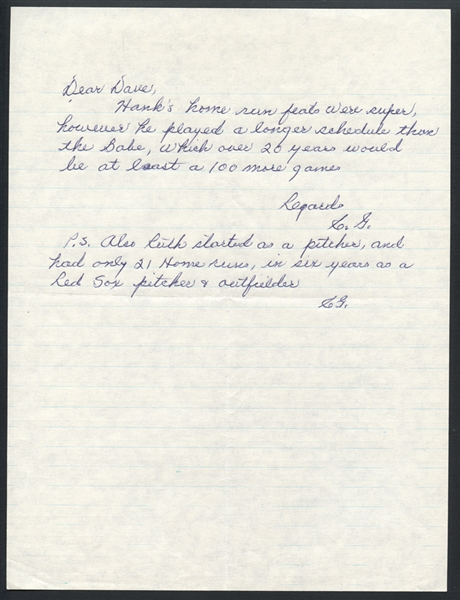 Charles Gehringer Handwritten Note with Babe Ruth and Hank Aaron Content