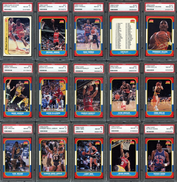 1986-87 Fleer Basketball Set of 132 Plus Complete Sticker Set Every Card Graded PSA 8 NM/MT