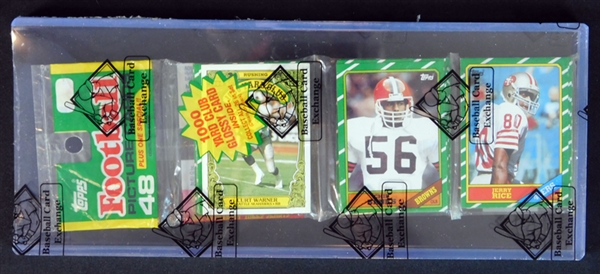 1986 Topps Football Unopened Rack Pack with Rice Rookie on Top BBCE