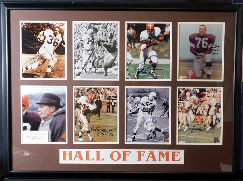 Cleveland Browns Hall of Fame Signed Photos and Cut in Framed Display (8) JSA/SGC