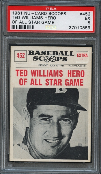 1961 NU-Card Scoops #452 Ted Williams Hero Of All-Star Game PSA 5 EX