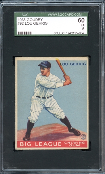 1933 Goudey #92 Lou Gehrig SGC 5 EX